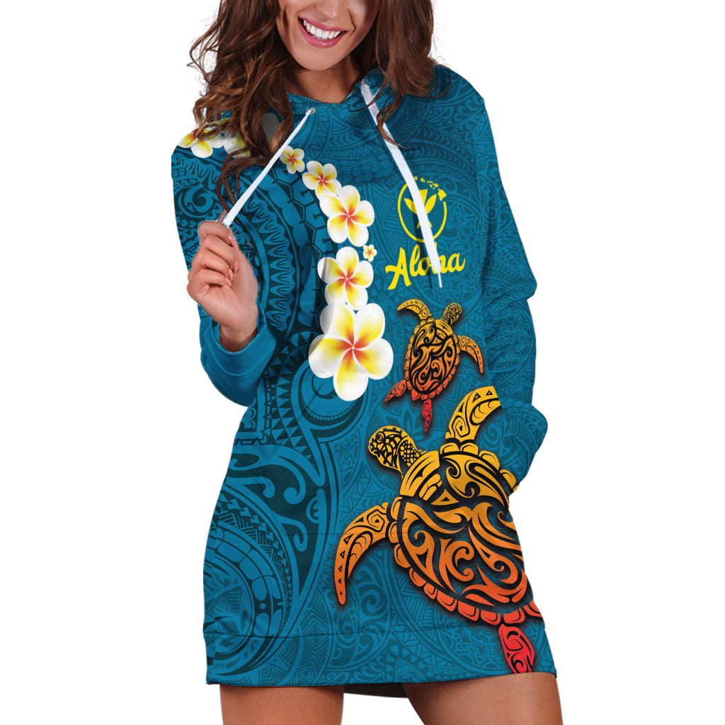 Hawaii Turtle Plumeria Flower Hoodie Dress Polynesian Pattern Blue Color LT03 Blue - Polynesian Pride