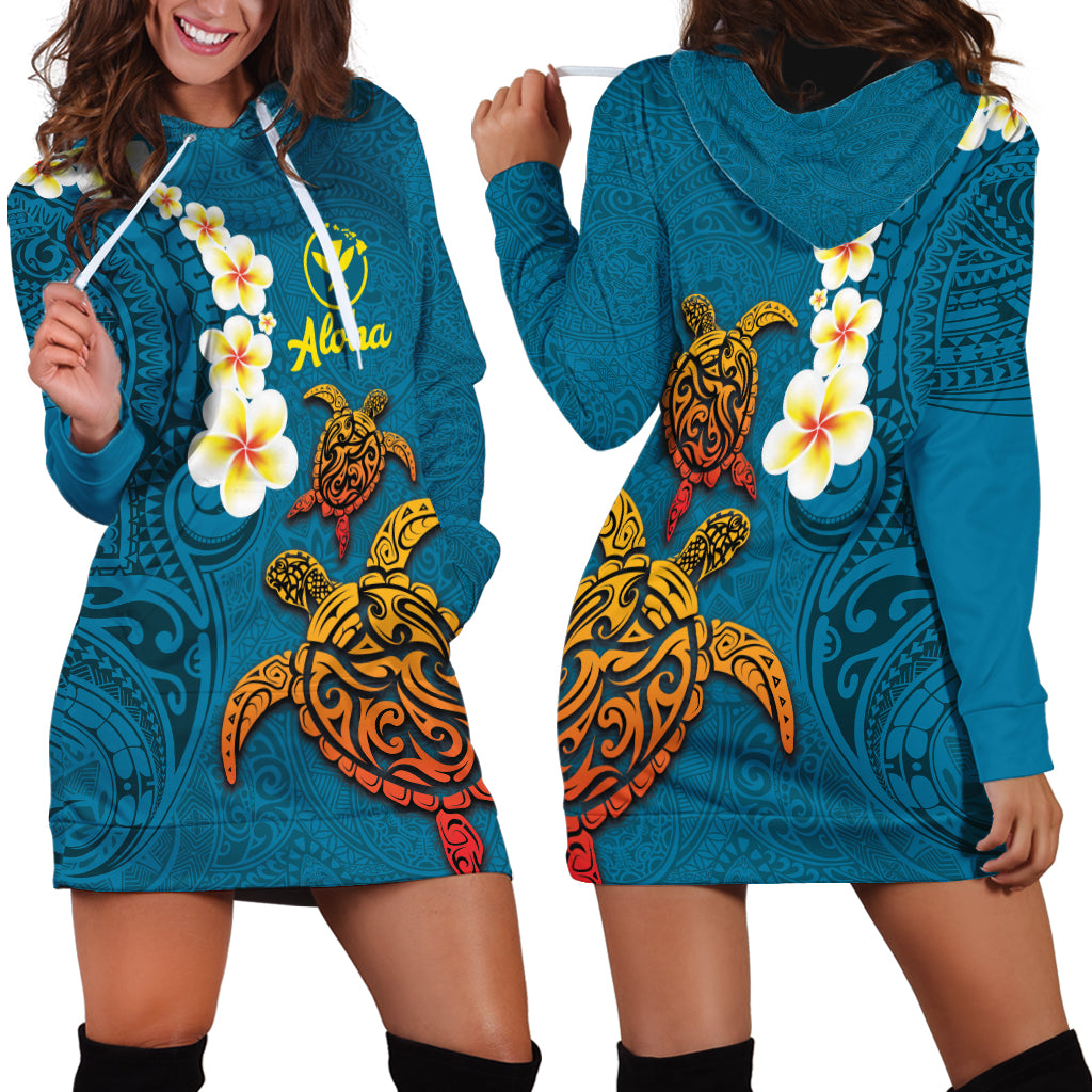 Hawaii Turtle Plumeria Flower Hoodie Dress Polynesian Pattern Blue Color LT03 - Polynesian Pride