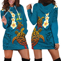 Hawaii Turtle Plumeria Flower Hoodie Dress Polynesian Pattern Blue Color LT03 - Polynesian Pride