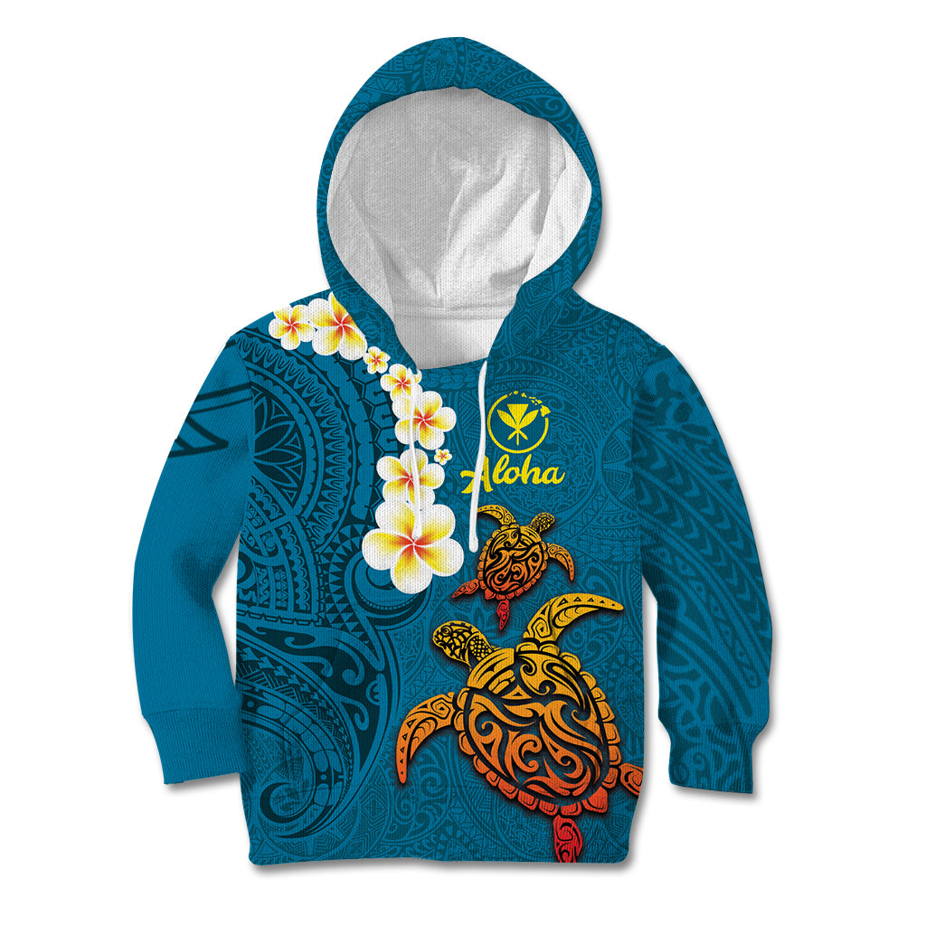 Hawaii Turtle Plumeria Flower Kid Hoodie Polynesian Pattern Blue Color