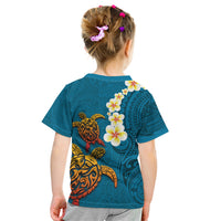 Hawaii Turtle Plumeria Flower Kid T Shirt Polynesian Pattern Blue Color