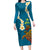 Hawaii Turtle Plumeria Flower Long Sleeve Bodycon Dress Polynesian Pattern Blue Color