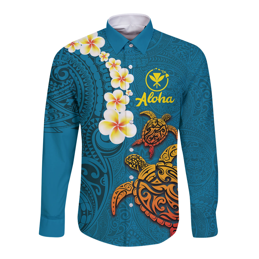 Hawaii Turtle Plumeria Flower Long Sleeve Button Shirt Polynesian Pattern Blue Color
