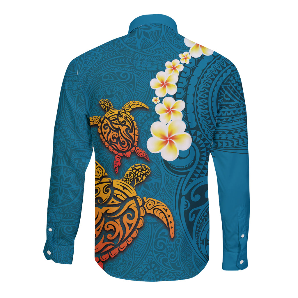 Hawaii Turtle Plumeria Flower Long Sleeve Button Shirt Polynesian Pattern Blue Color