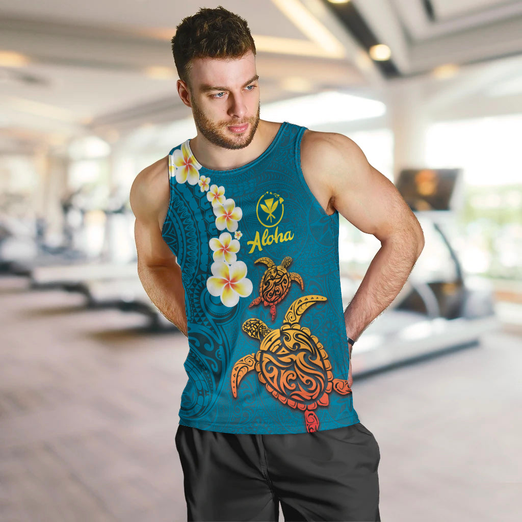 Hawaii Turtle Plumeria Flower Men Tank Top Polynesian Pattern Blue Color