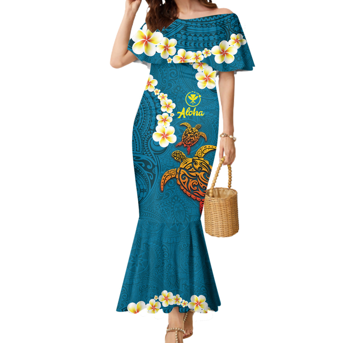 Hawaii Turtle Plumeria Flower Mermaid Dress Polynesian Pattern Blue Color