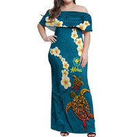 Hawaii Turtle Plumeria Flower Off Shoulder Maxi Dress Polynesian Pattern Blue Color LT03 Women Blue - Polynesian Pride