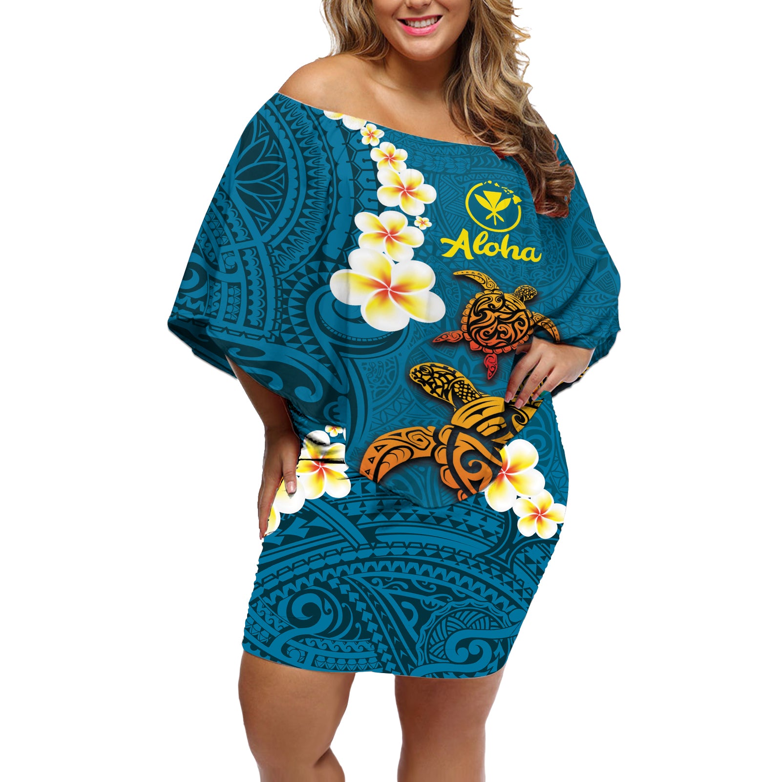 Hawaii Turtle Plumeria Flower Off Shoulder Short Dress Polynesian Pattern Blue Color