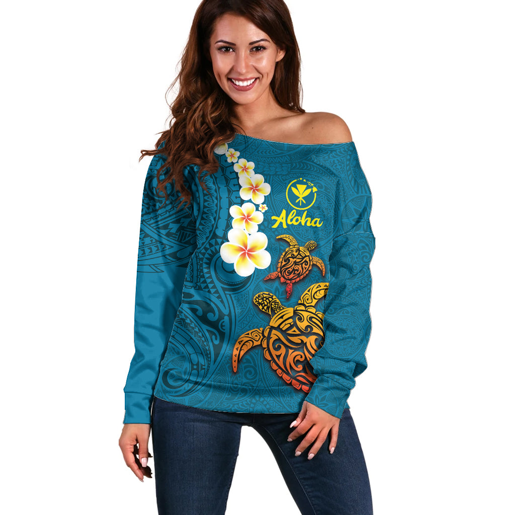 Hawaii Turtle Plumeria Flower Off Shoulder Sweater Polynesian Pattern Blue Color