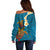 Hawaii Turtle Plumeria Flower Off Shoulder Sweater Polynesian Pattern Blue Color