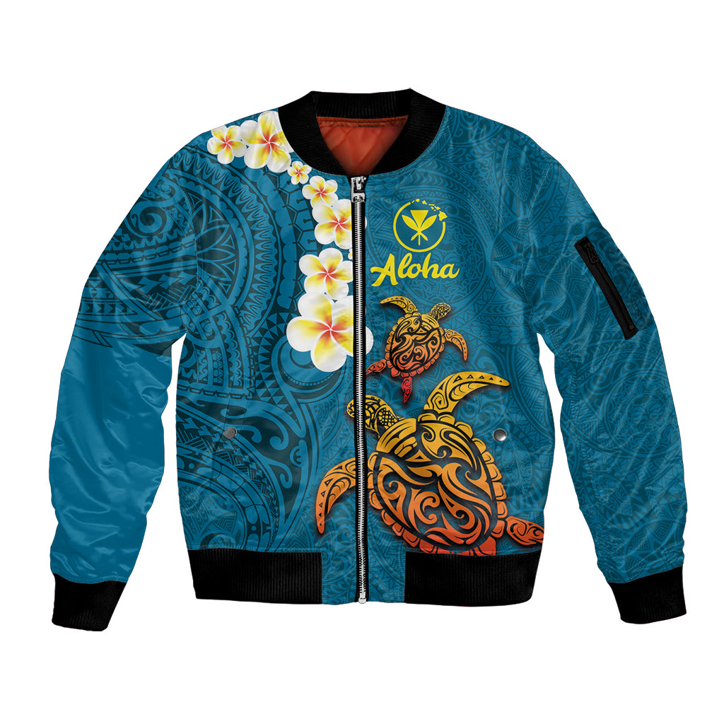 Hawaii Turtle Plumeria Flower Sleeve Zip Bomber Jacket Polynesian Pattern Blue Color LT03 Unisex Blue - Polynesian Pride