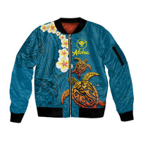 Hawaii Turtle Plumeria Flower Sleeve Zip Bomber Jacket Polynesian Pattern Blue Color LT03 Unisex Blue - Polynesian Pride