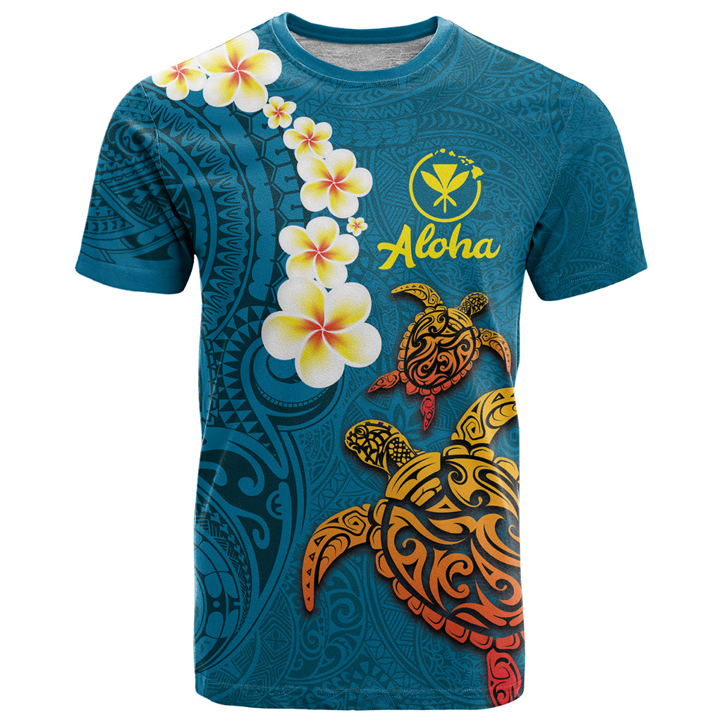 Hawaii Turtle Plumeria Flower T Shirt Polynesian Pattern Blue Color