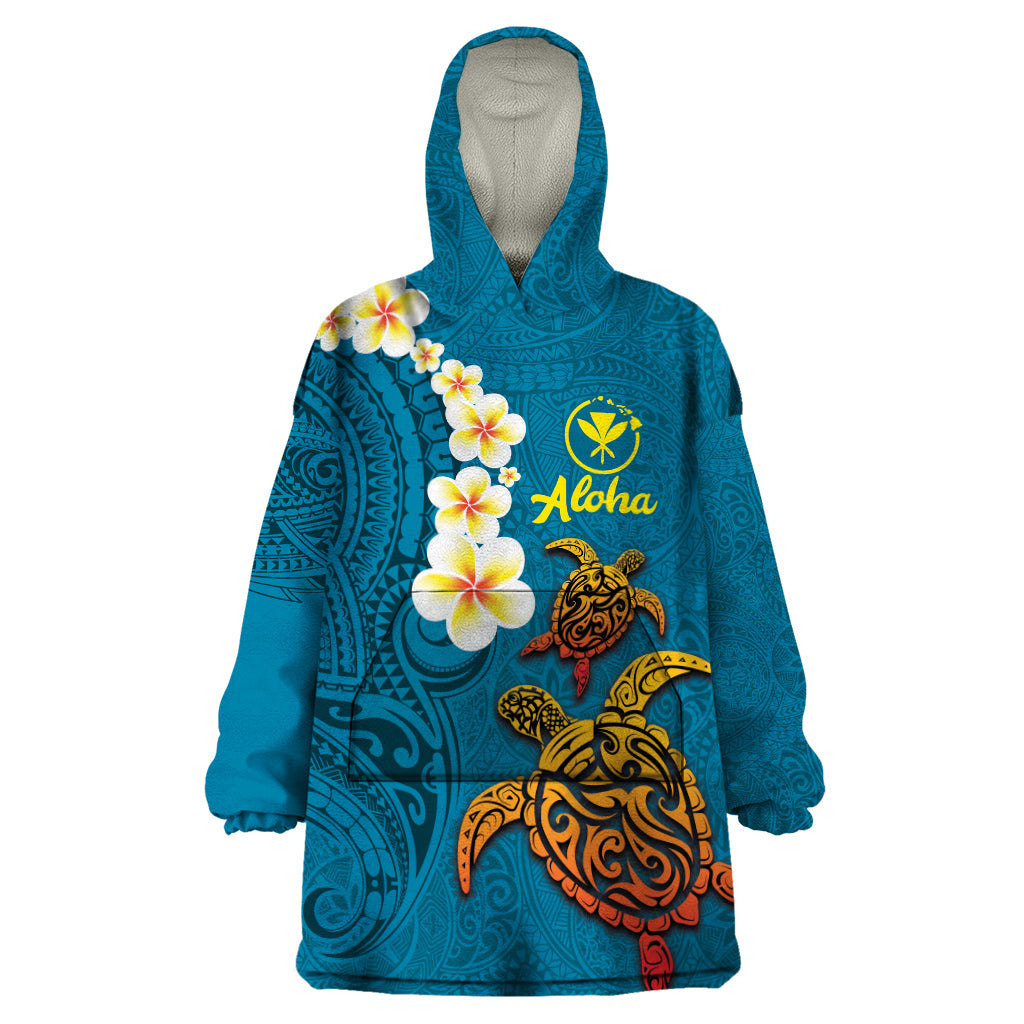 Hawaii Turtle Plumeria Flower Wearable Blanket Hoodie Polynesian Pattern Blue Color