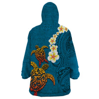 Hawaii Turtle Plumeria Flower Wearable Blanket Hoodie Polynesian Pattern Blue Color LT03 - Polynesian Pride