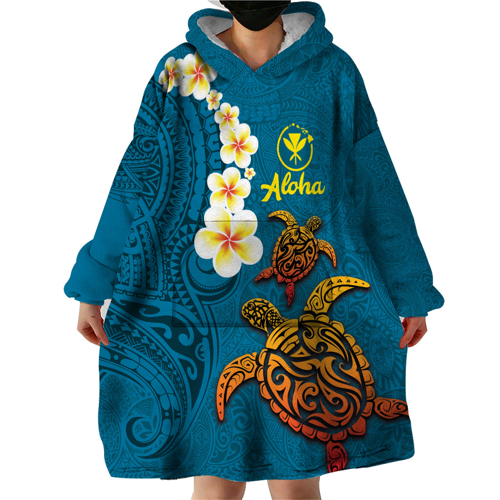 Hawaii Turtle Plumeria Flower Wearable Blanket Hoodie Polynesian Pattern Blue Color LT03 - Polynesian Pride
