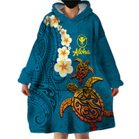 Hawaii Turtle Plumeria Flower Wearable Blanket Hoodie Polynesian Pattern Blue Color LT03 - Polynesian Pride
