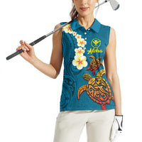 Hawaii Turtle Plumeria Flower Women Sleeveless Polo Shirt Polynesian Pattern Blue Color