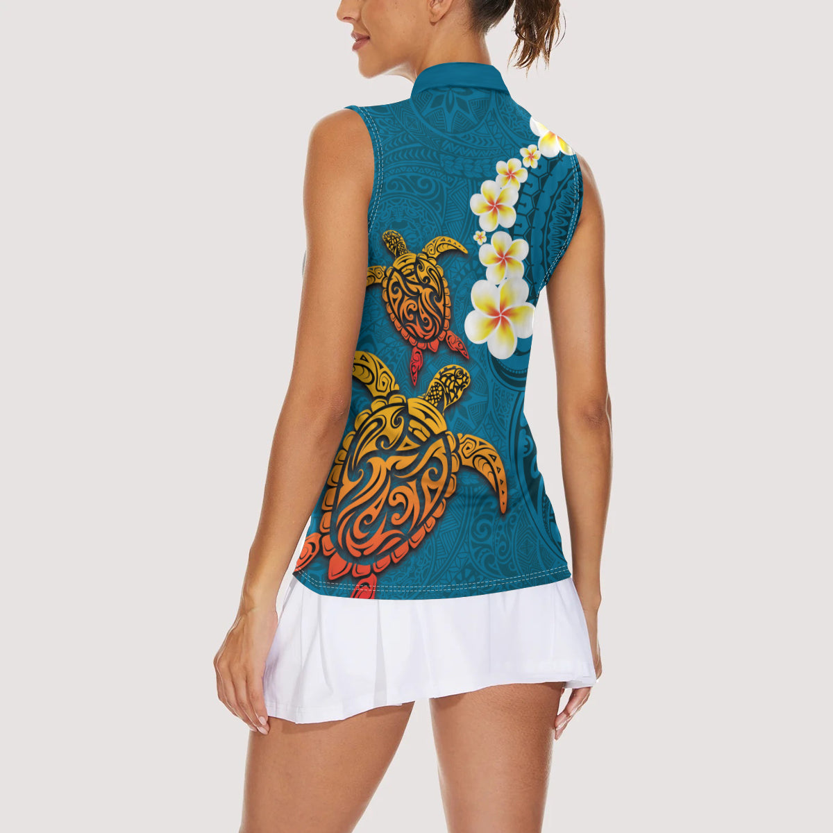 Hawaii Turtle Plumeria Flower Women Sleeveless Polo Shirt Polynesian Pattern Blue Color