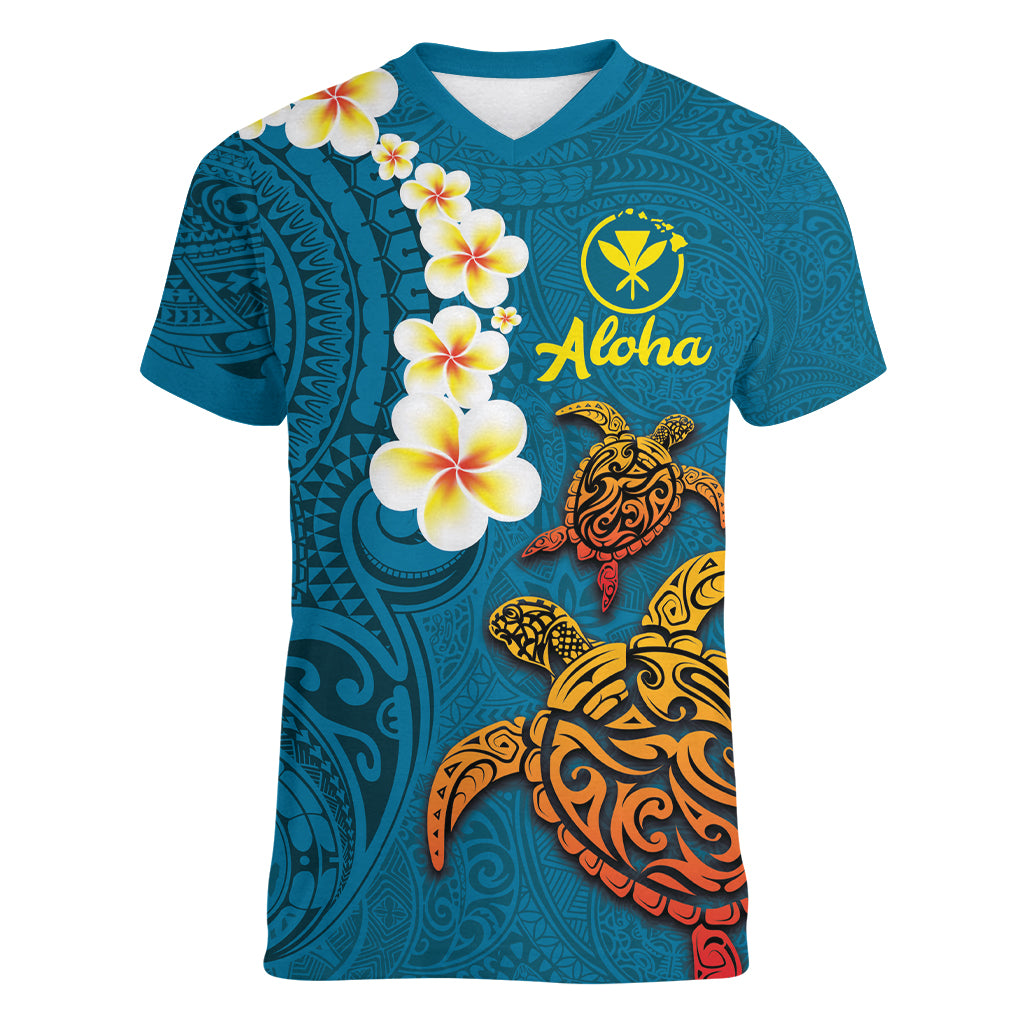 Hawaii Turtle Plumeria Flower Women V-Neck T-Shirt Polynesian Pattern Blue Color