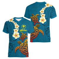 Hawaii Turtle Plumeria Flower Women V-Neck T-Shirt Polynesian Pattern Blue Color