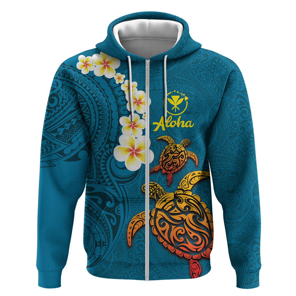 Hawaii Turtle Plumeria Flower Zip Hoodie Polynesian Pattern Blue Color