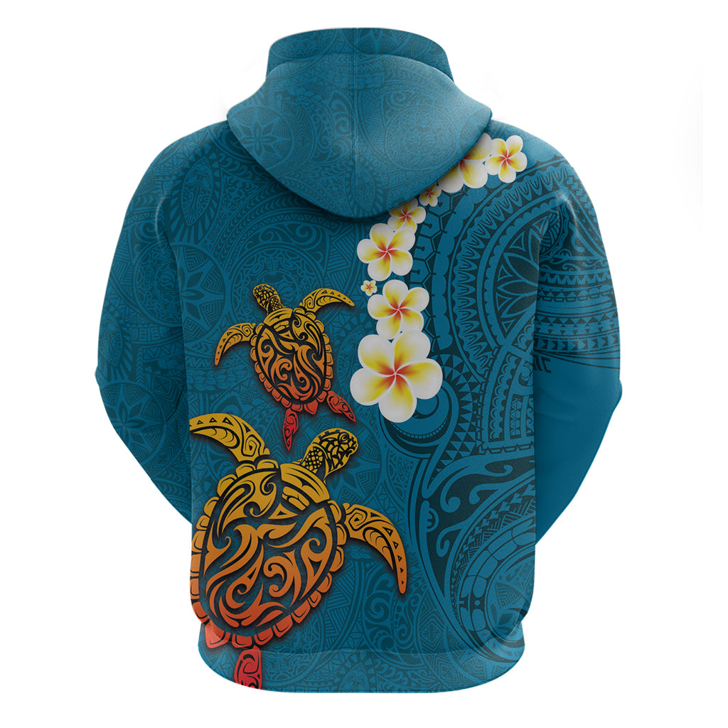 Hawaii Turtle Plumeria Flower Zip Hoodie Polynesian Pattern Blue Color