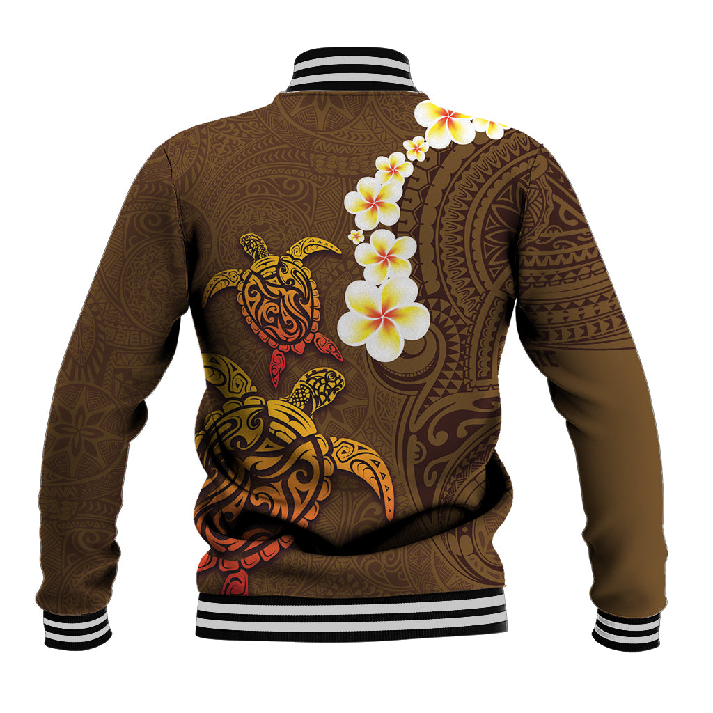 Hawaii Turtle Plumeria Flower Baseball Jacket Polynesian Pattern Brown Color LT03 - Polynesian Pride