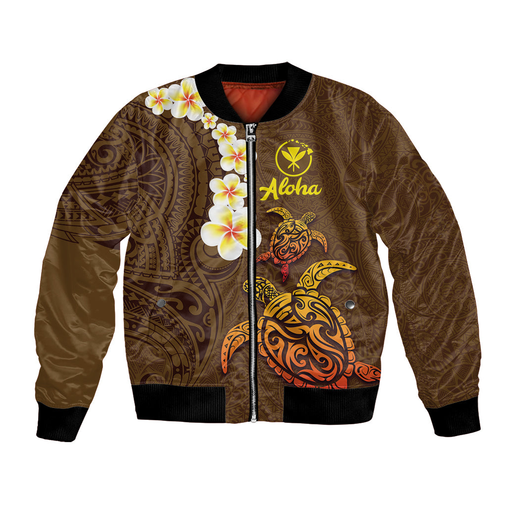 Hawaii Turtle Plumeria Flower Bomber Jacket Polynesian Pattern Brown Color LT03 Unisex Brown - Polynesian Pride