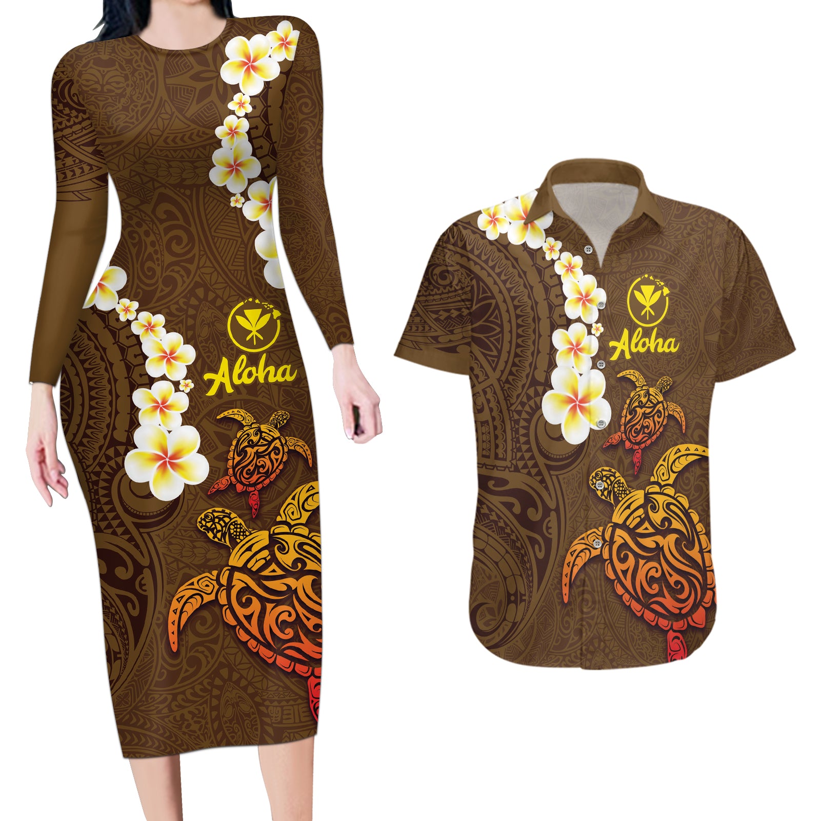 Hawaii Turtle Plumeria Flower Couples Matching Long Sleeve Bodycon Dress and Hawaiian Shirt Polynesian Pattern Brown Color