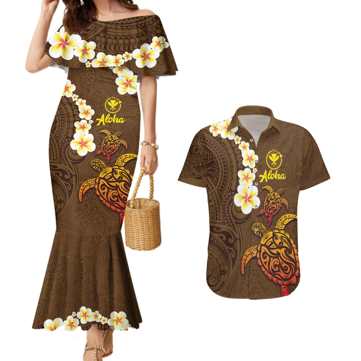 Hawaii Turtle Plumeria Flower Couples Matching Mermaid Dress and Hawaiian Shirt Polynesian Pattern Brown Color