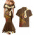 Hawaii Turtle Plumeria Flower Couples Matching Mermaid Dress and Hawaiian Shirt Polynesian Pattern Brown Color