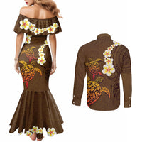Hawaii Turtle Plumeria Flower Couples Matching Mermaid Dress and Long Sleeve Button Shirt Polynesian Pattern Brown Color LT03 - Polynesian Pride