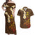 Hawaii Turtle Plumeria Flower Couples Matching Off Shoulder Maxi Dress and Hawaiian Shirt Polynesian Pattern Brown Color