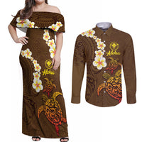 Hawaii Turtle Plumeria Flower Couples Matching Off Shoulder Maxi Dress and Long Sleeve Button Shirt Polynesian Pattern Brown Color LT03 Brown - Polynesian Pride