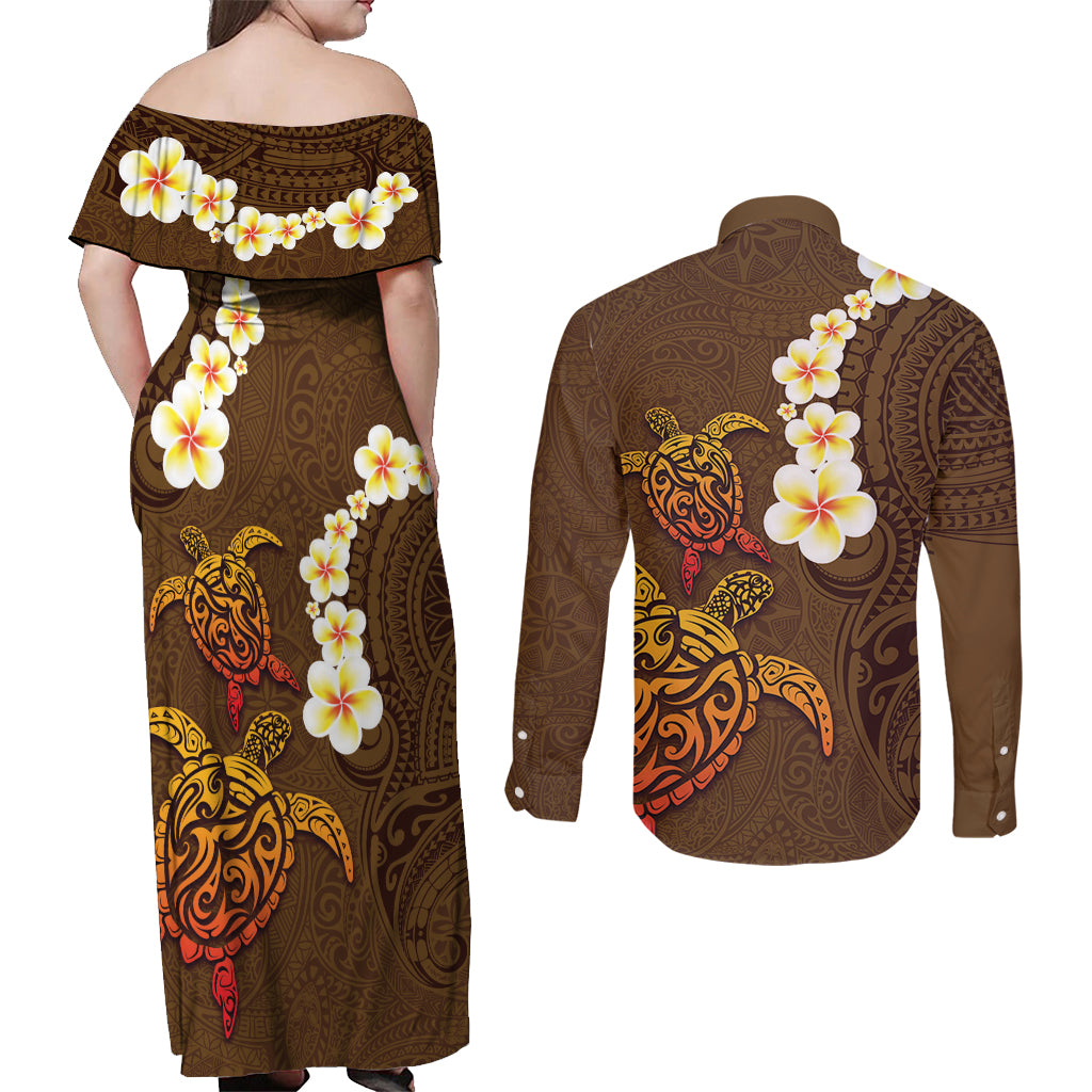 Hawaii Turtle Plumeria Flower Couples Matching Off Shoulder Maxi Dress and Long Sleeve Button Shirt Polynesian Pattern Brown Color LT03 - Polynesian Pride