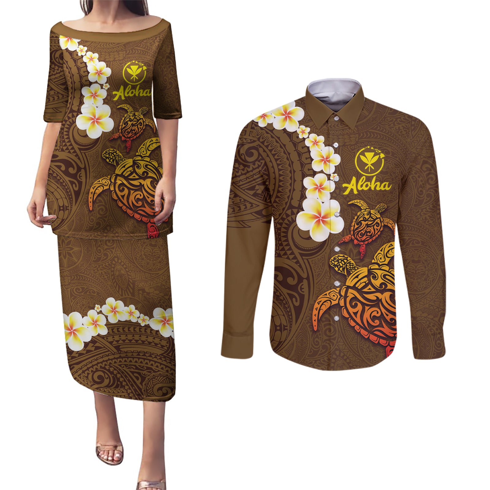 Hawaii Turtle Plumeria Flower Couples Matching Puletasi and Long Sleeve Button Shirt Polynesian Pattern Brown Color LT03 Brown - Polynesian Pride