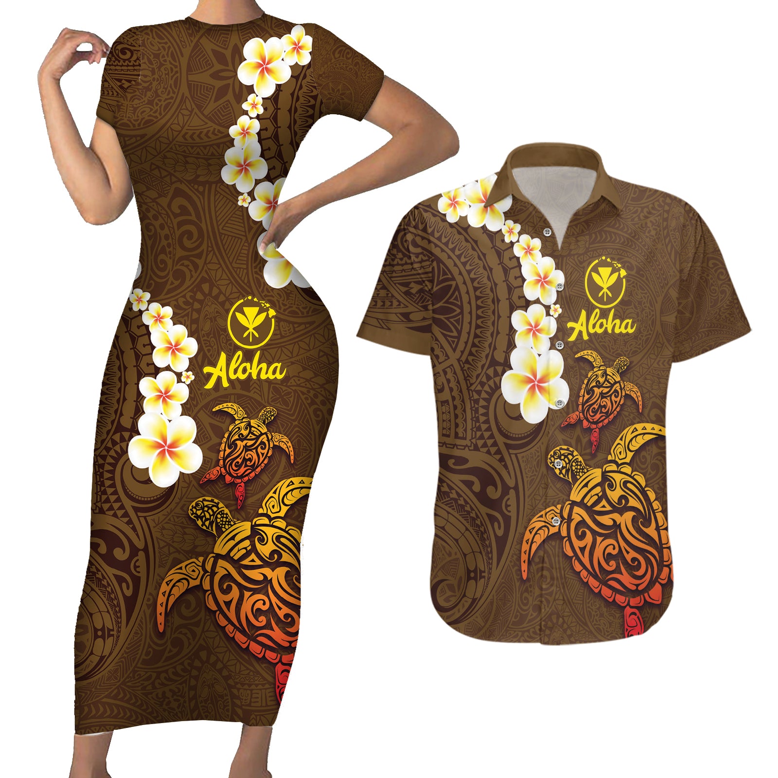 Hawaii Turtle Plumeria Flower Couples Matching Short Sleeve Bodycon Dress and Hawaiian Shirt Polynesian Pattern Brown Color LT03 Brown - Polynesian Pride