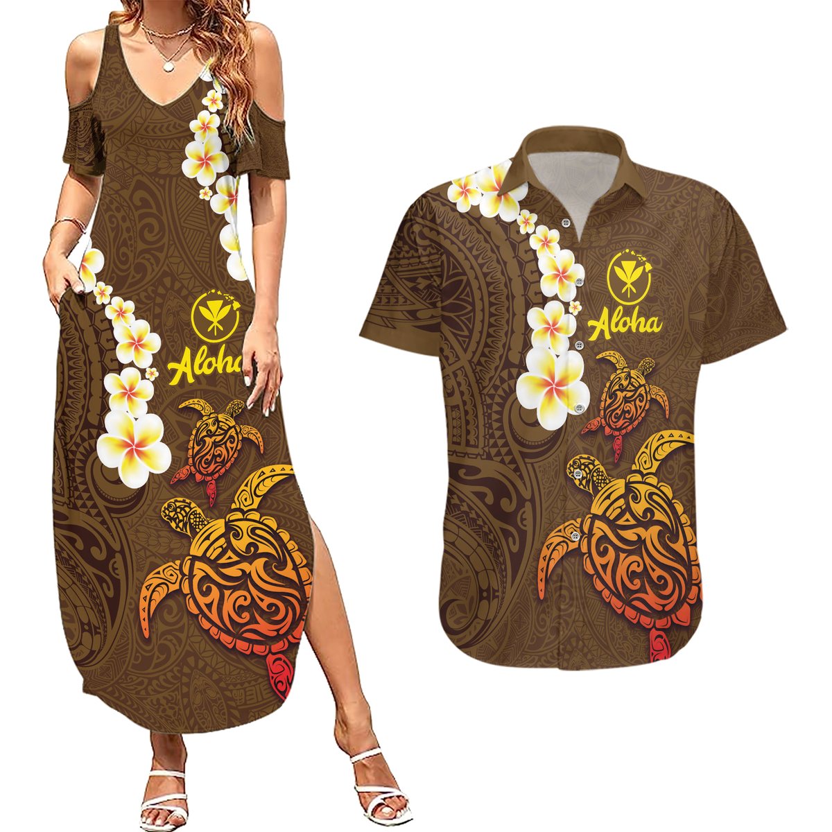 Hawaii Turtle Plumeria Flower Couples Matching Summer Maxi Dress and Hawaiian Shirt Polynesian Pattern Brown Color LT03 Brown - Polynesian Pride