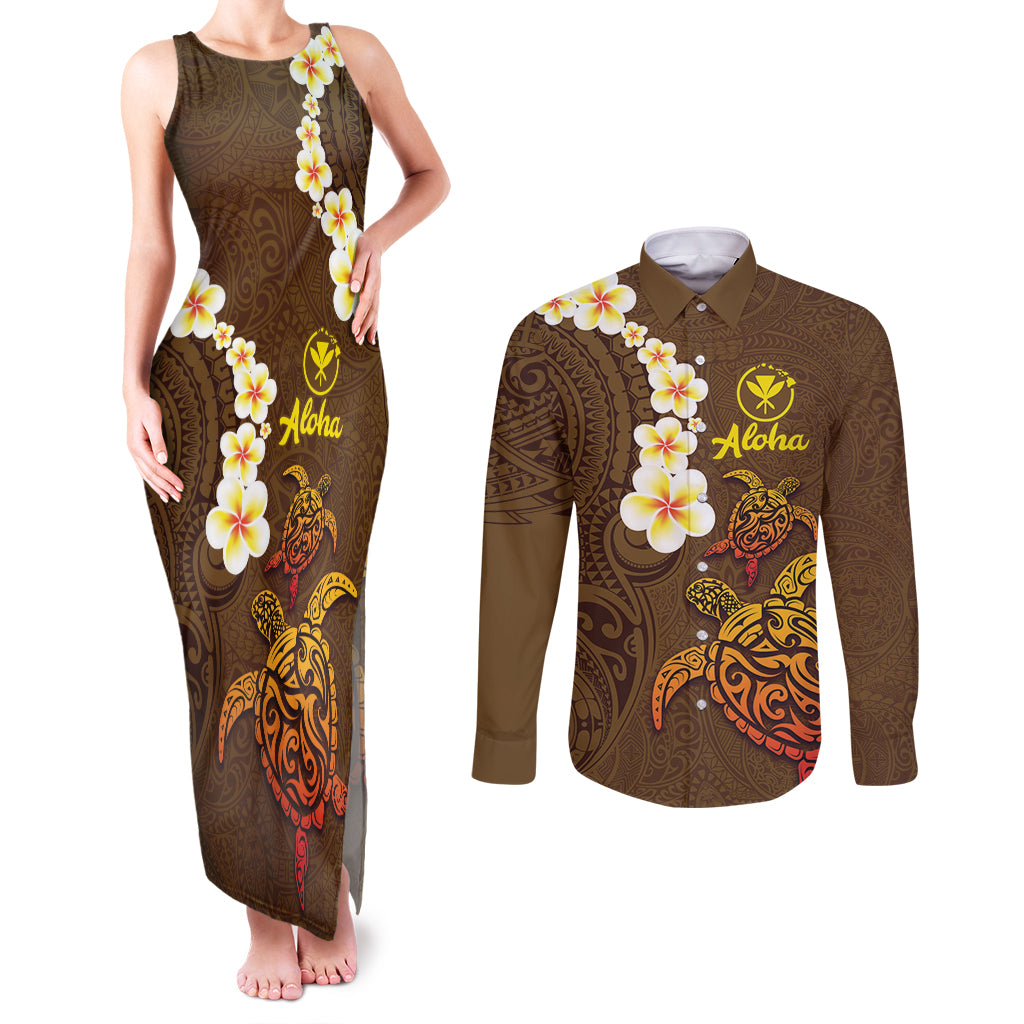 Hawaii Turtle Plumeria Flower Couples Matching Tank Maxi Dress and Long Sleeve Button Shirt Polynesian Pattern Brown Color LT03 Brown - Polynesian Pride