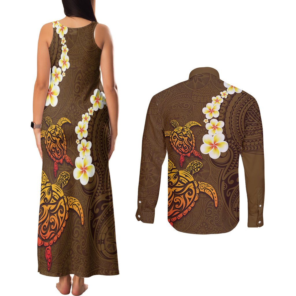 Hawaii Turtle Plumeria Flower Couples Matching Tank Maxi Dress and Long Sleeve Button Shirt Polynesian Pattern Brown Color LT03 - Polynesian Pride