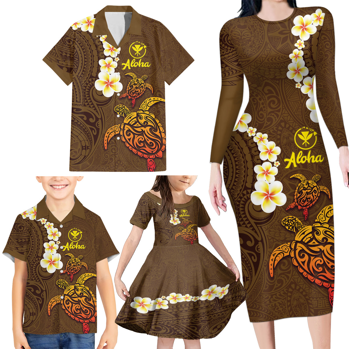 Hawaii Turtle Plumeria Flower Family Matching Long Sleeve Bodycon Dress and Hawaiian Shirt Polynesian Pattern Brown Color