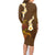 Hawaii Turtle Plumeria Flower Family Matching Long Sleeve Bodycon Dress and Hawaiian Shirt Polynesian Pattern Brown Color