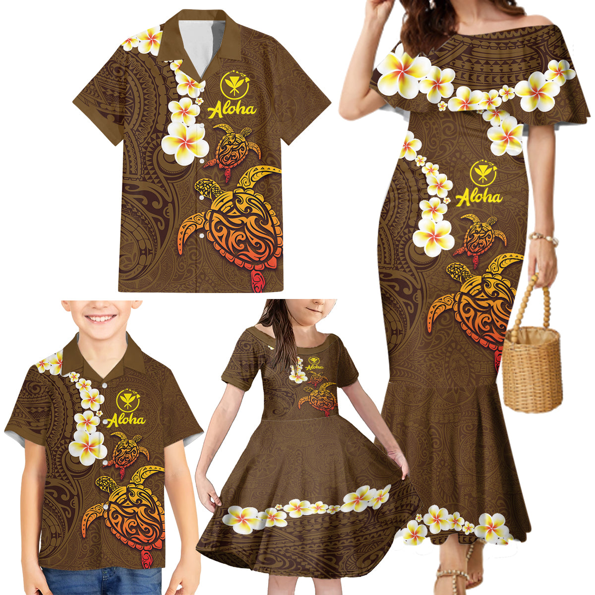 Hawaii Turtle Plumeria Flower Family Matching Mermaid Dress and Hawaiian Shirt Polynesian Pattern Brown Color