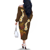 Hawaii Turtle Plumeria Flower Family Matching Off The Shoulder Long Sleeve Dress and Hawaiian Shirt Polynesian Pattern Brown Color