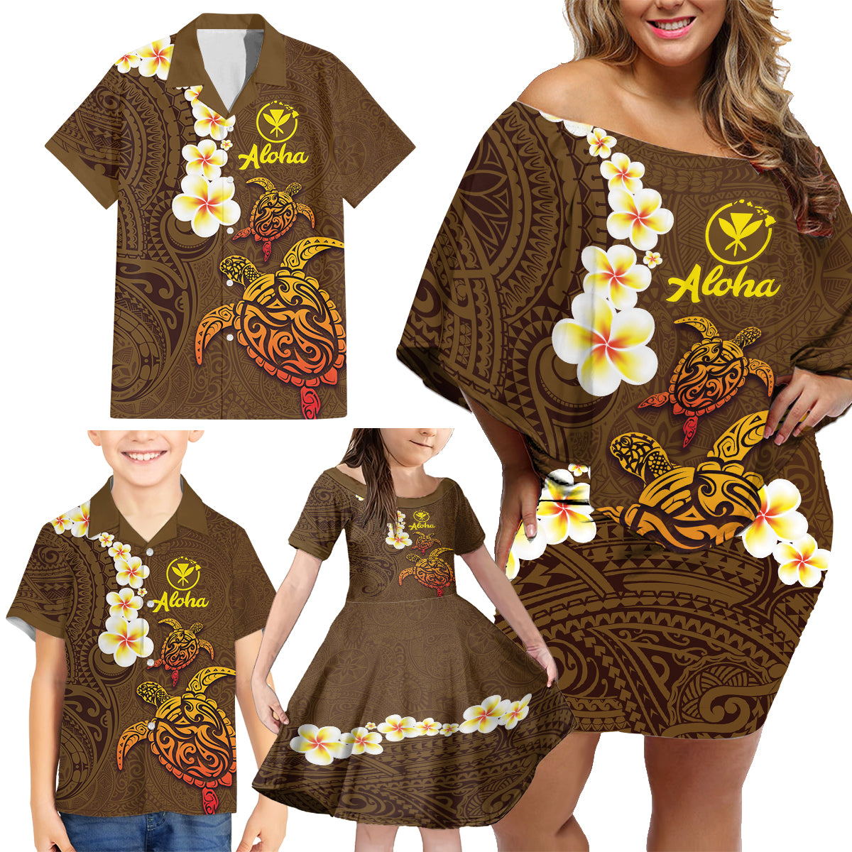 Hawaii Turtle Plumeria Flower Family Matching Off Shoulder Short Dress and Hawaiian Shirt Polynesian Pattern Brown Color LT03 - Polynesian Pride
