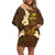 Hawaii Turtle Plumeria Flower Family Matching Off Shoulder Short Dress and Hawaiian Shirt Polynesian Pattern Brown Color