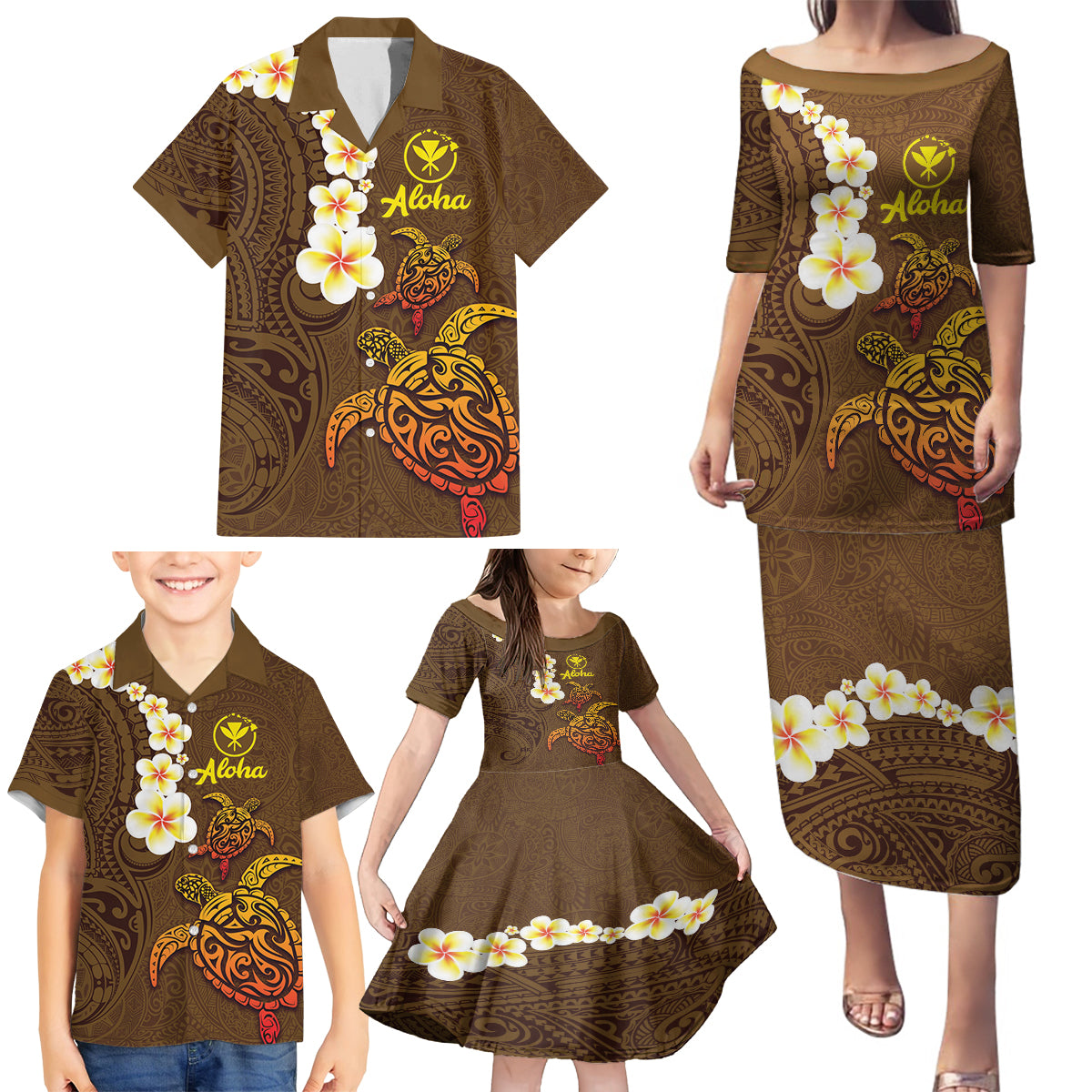 Hawaii Turtle Plumeria Flower Family Matching Puletasi and Hawaiian Shirt Polynesian Pattern Brown Color