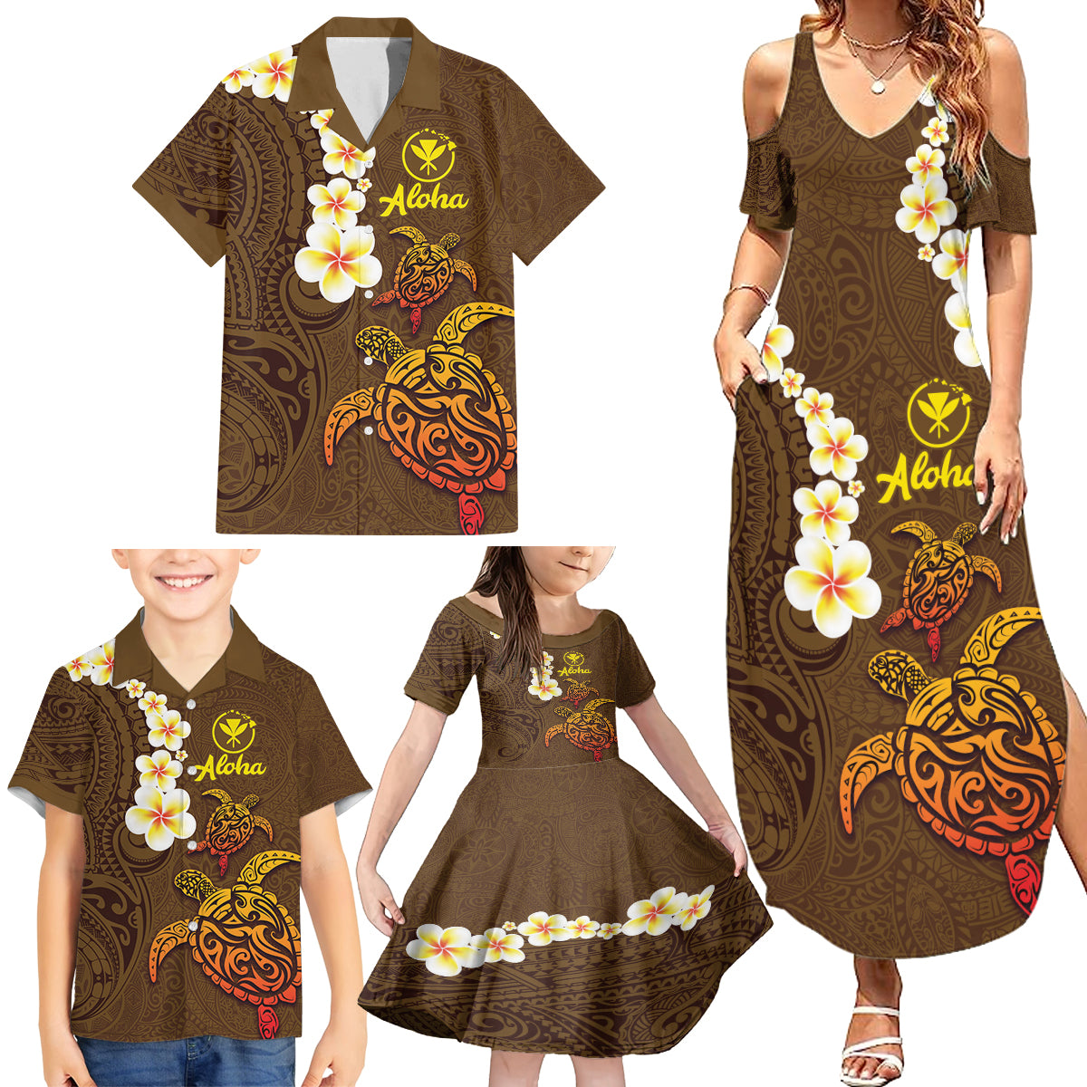 Hawaii Turtle Plumeria Flower Family Matching Summer Maxi Dress and Hawaiian Shirt Polynesian Pattern Brown Color LT03 - Polynesian Pride