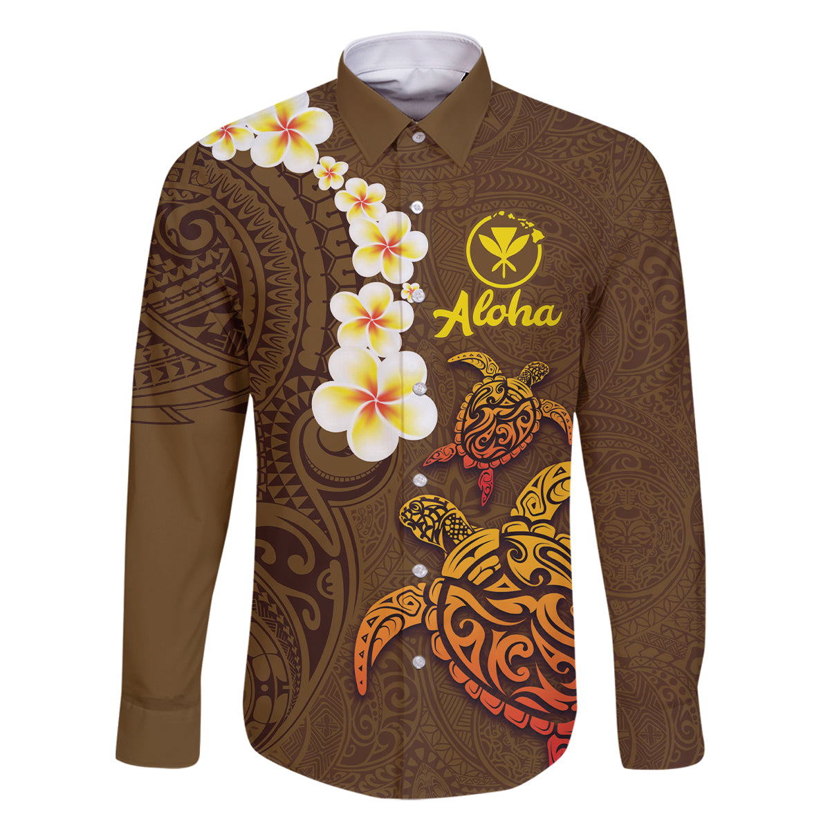 Hawaii Turtle Plumeria Flower Family Matching Tank Maxi Dress and Hawaiian Shirt Polynesian Pattern Brown Color